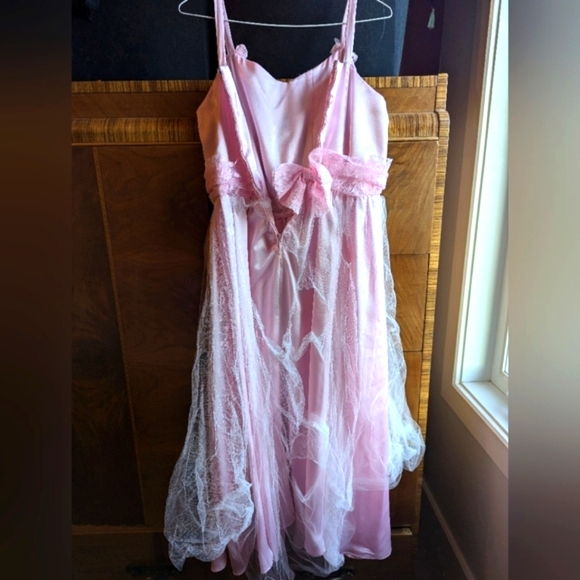 Pink Ruffled Tiered Gown with lace cardigan - Picture 2 of 8